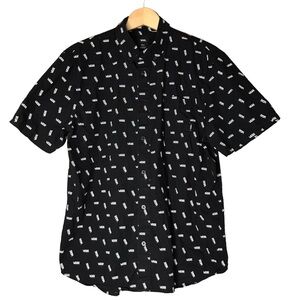 Vans Button Down Shirt Black White Spellout Short Sleeve Cotton Men’s Medium